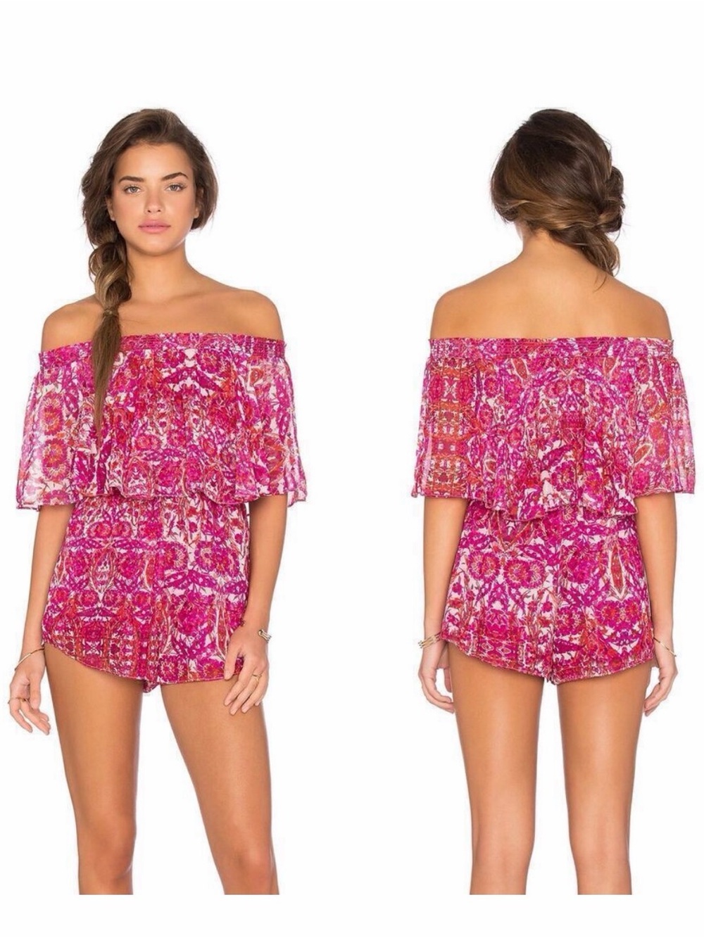 Show Me Your MuMu x Revolve Rosarita Romper Off Shoulder Pink Red Floral Flowy L